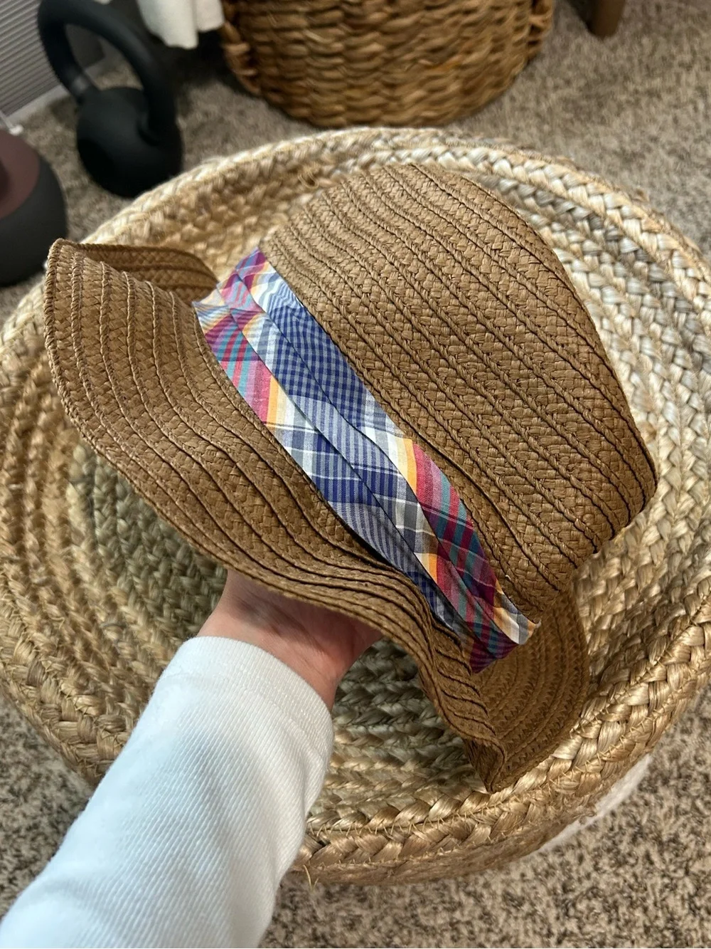 ☀️DULUTH TRADING CO. Brown Straw Summer Hat with Plaid Band - 2XL